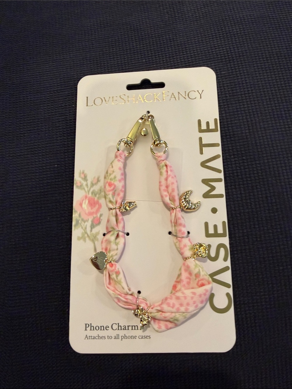 LoveShackFancy Pink Floral Charm Phone Strap with Gold Accents